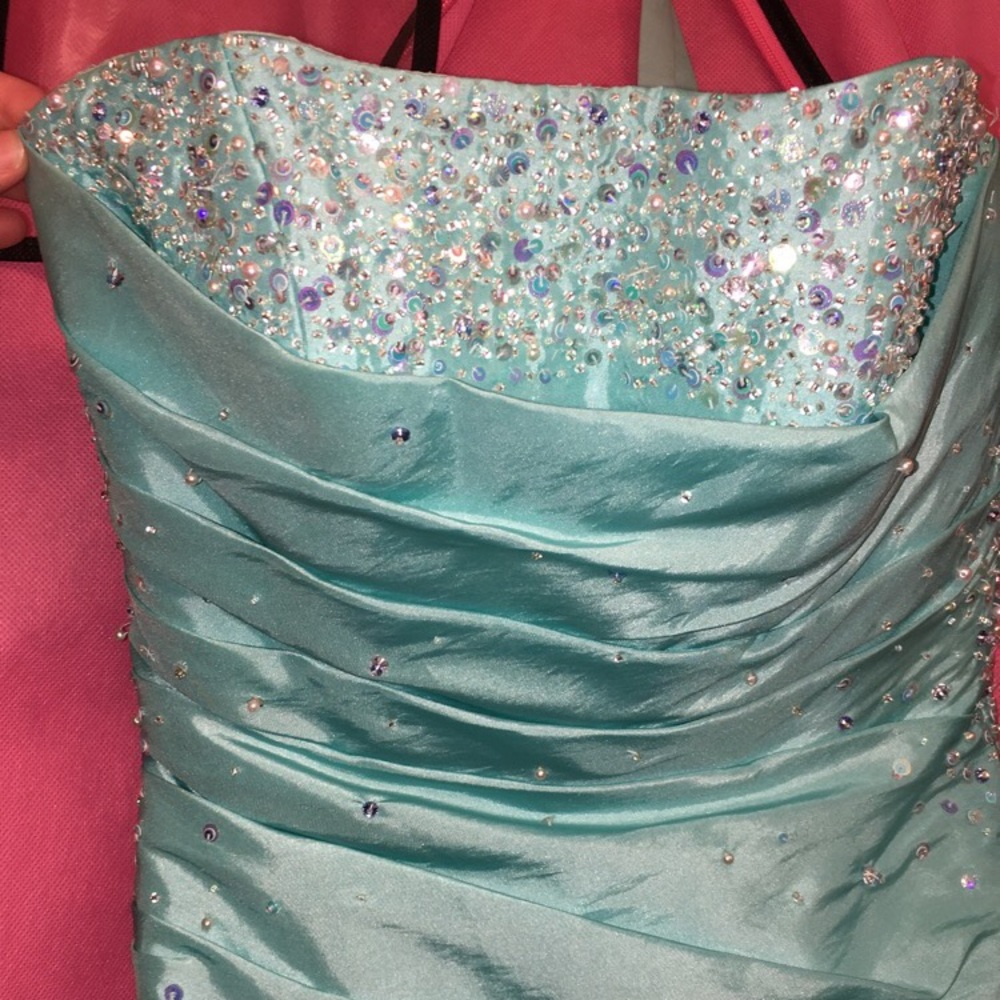 Light blue/teal strapless mermaid dress
